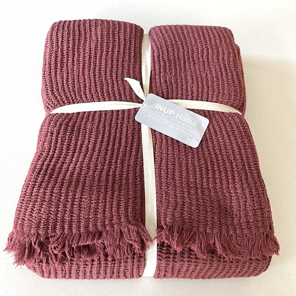 New INUP Home 100% Cotton Queen Coverlet Wine 92” x 96” Waffle Weave Frayed Edge - Picture 1 of 2